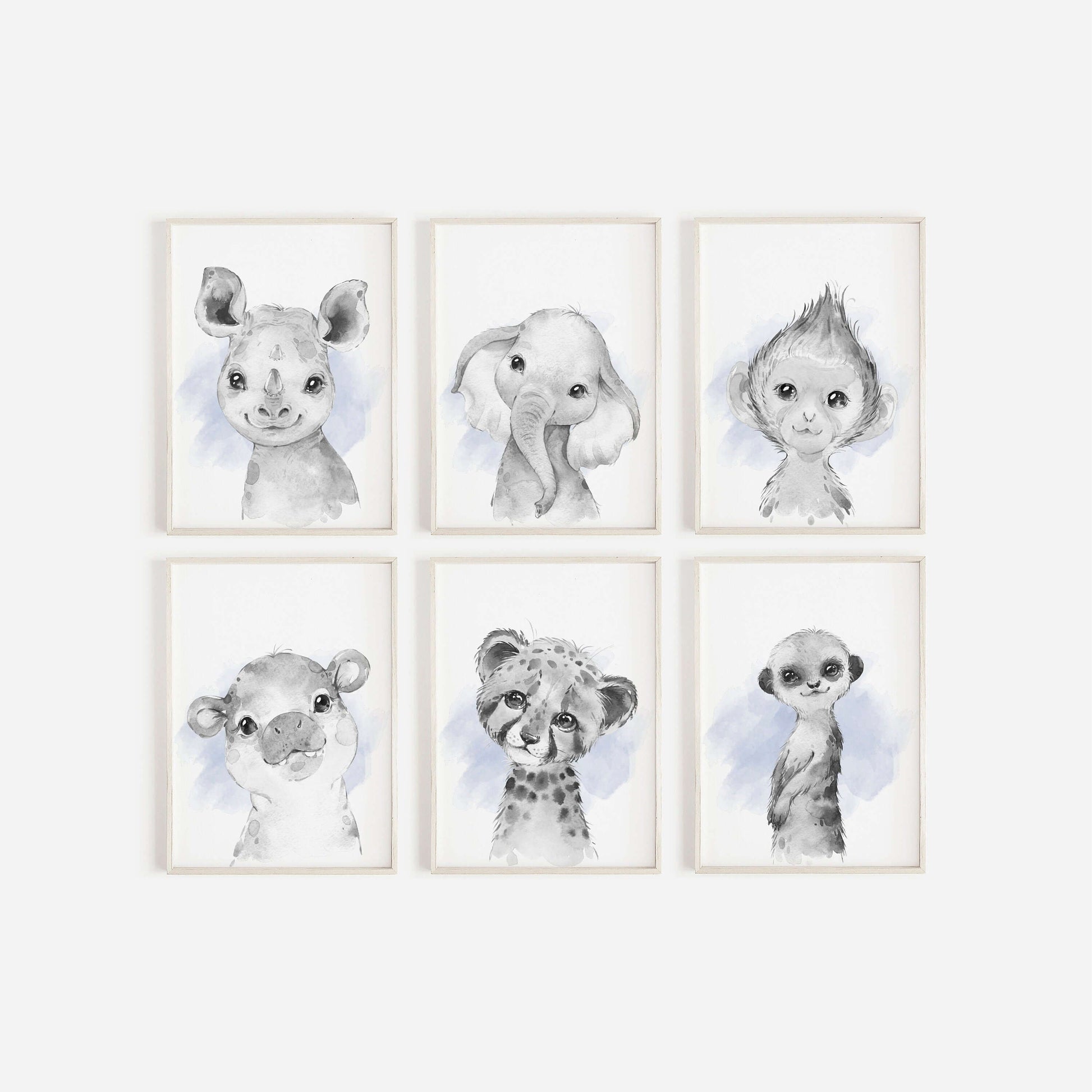 Safari Animal Prints Boys Nursery Set,Black & White With Blue Watercolour Splash,Safari Nursery Decor,Animal Nursery Prints,Nursery Wall Art
