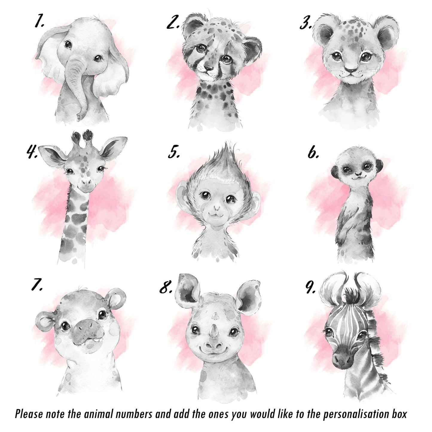 Safari Animal Prints Girls Nursery Set,Black & White With Pink Watercolour Splash,Safari Nursery Decor,Animal Nursery Prints,Nursery Art