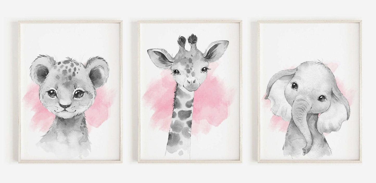 Safari Animal Prints Girls Nursery Set,Black & White With Pink Watercolour Splash,Safari Nursery Decor,Animal Nursery Prints,Nursery Art