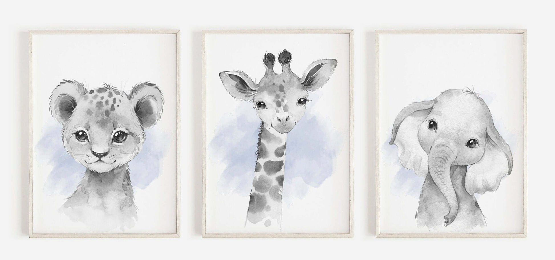 Safari Animal Prints Boys Nursery Set,Black & White With Blue Watercolour Splash,Safari Nursery Decor,Animal Nursery Prints,Nursery Wall Art