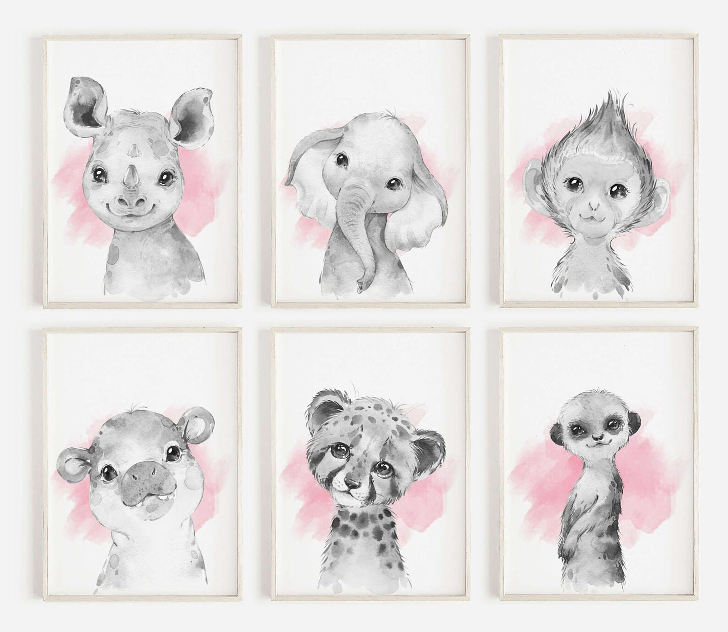 Safari Animal Prints Girls Nursery Set,Black & White With Pink Watercolour Splash,Safari Nursery Decor,Animal Nursery Prints,Nursery Art