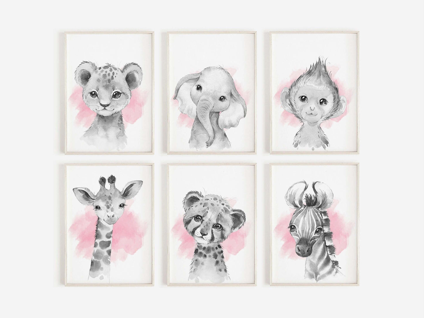Safari Animal Prints Girls Nursery Set,Black & White With Pink Watercolour Splash,Safari Nursery Decor,Animal Nursery Prints,Nursery Art