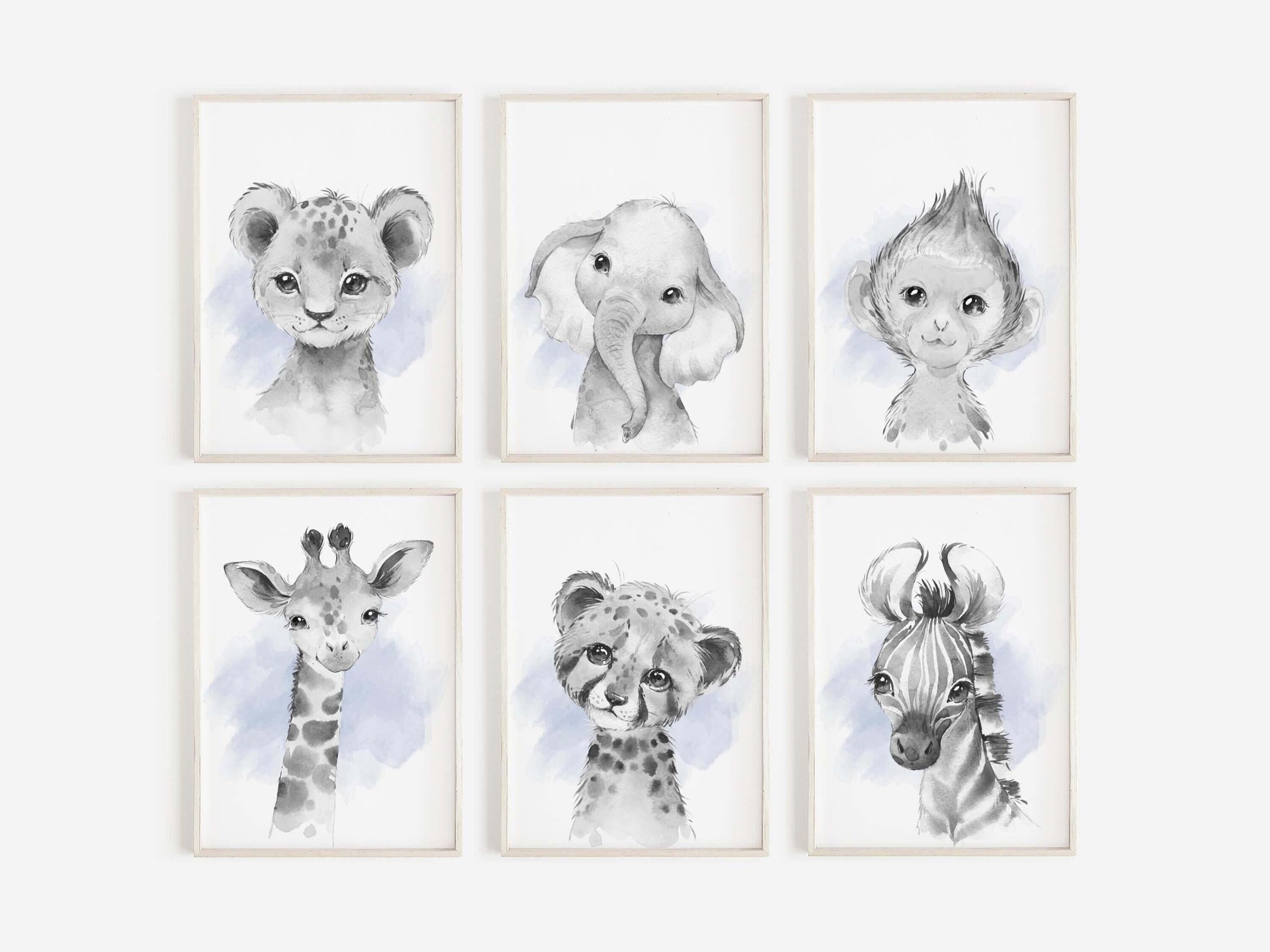 Safari Animal Prints Boys Nursery Set,Black & White With Blue Watercolour Splash,Safari Nursery Decor,Animal Nursery Prints,Nursery Wall Art
