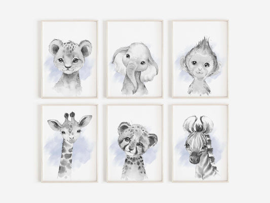 Safari Animal Prints Boys Nursery Set,Black & White With Blue Watercolour Splash,Safari Nursery Decor,Animal Nursery Prints,Nursery Wall Art