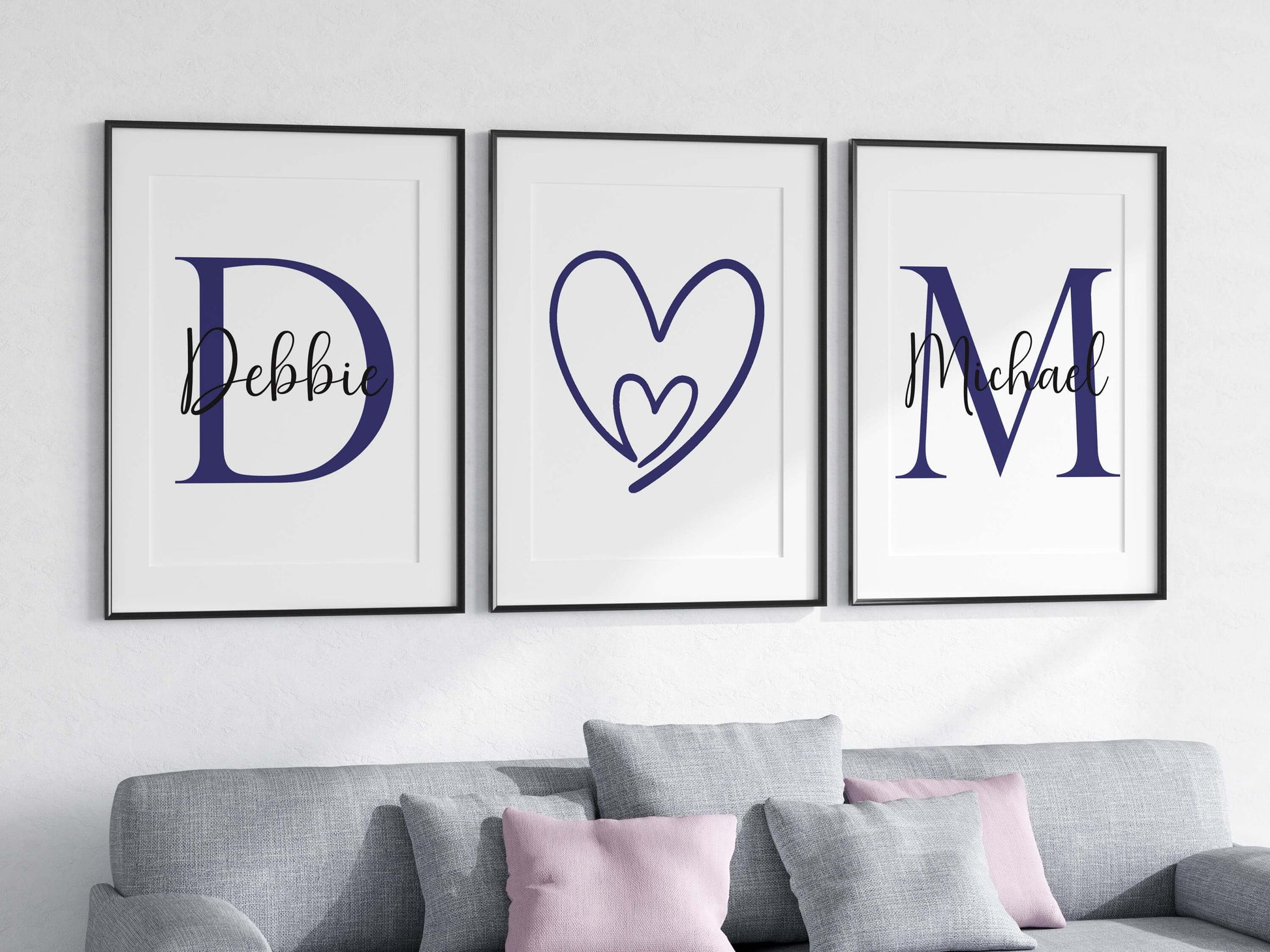 Personalised Couple Wall Art Set of 3 – Custom Names & Initials Prints, Bedroom Decor Above Bed, Romantic Gift for Couples, Bedroom Prints Navy Blue