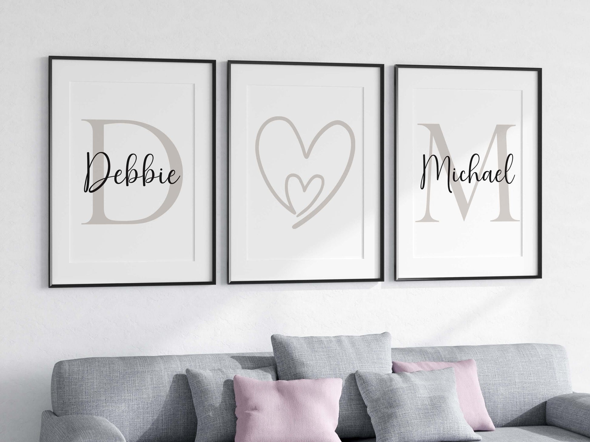 Personalised Couple Wall Art Set of 3 – Custom Names & Initials Prints, Bedroom Decor Above Bed, Romantic Gift for Couples, Bedroom Prints Grey