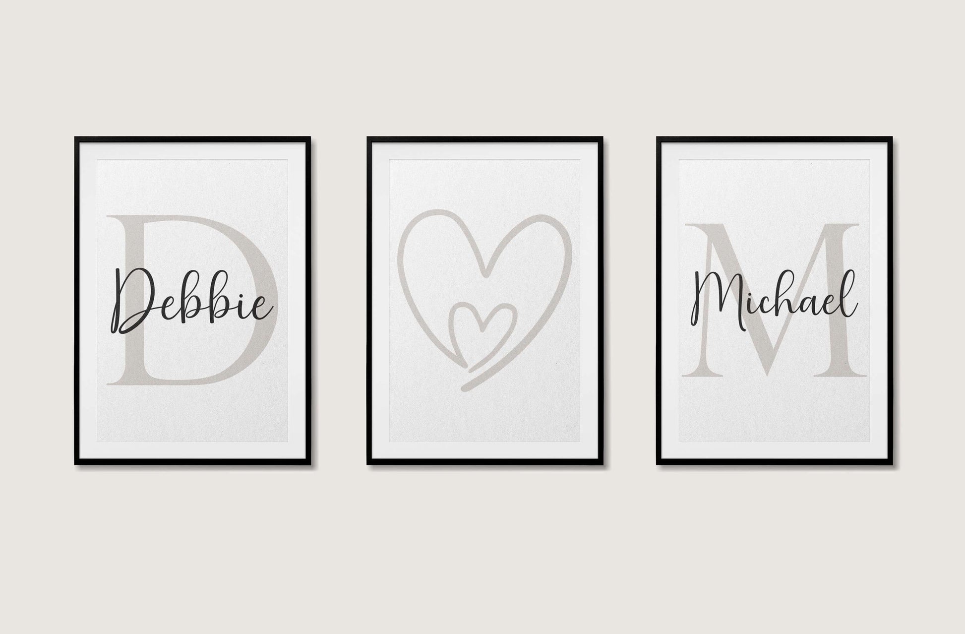 Personalised Couple Wall Art Set of 3 – Custom Names & Initials Prints, Bedroom Decor Above Bed, Romantic Gift for Couples, Bedroom Prints Grey