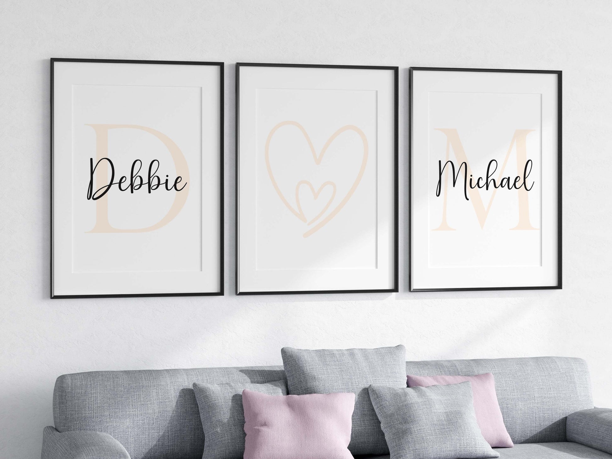 Personalised Couple Wall Art Set of 3 – Custom Names & Initials Prints, Bedroom Decor Above Bed, Romantic Gift for Couples, Bedroom Prints Beige