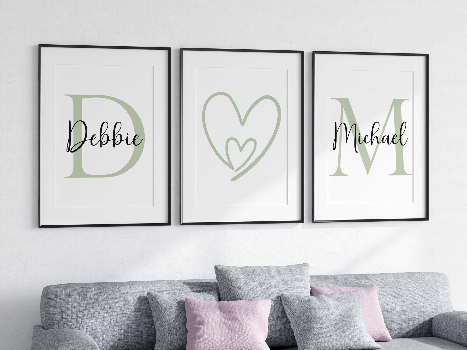 Personalised Couple Wall Art Set of 3 – Custom Names & Initials Prints, Bedroom Decor Above Bed, Romantic Gift for Couples, Bedroom Prints Sage Green