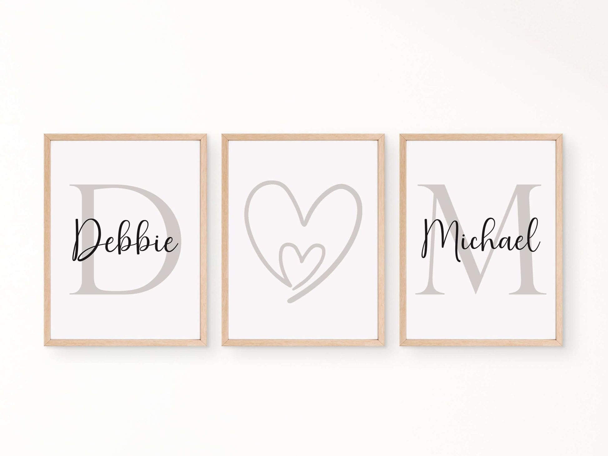Personalised Couple Wall Art Set of 3 – Custom Names & Initials Prints, Bedroom Decor Above Bed, Romantic Gift for Couples, Bedroom Prints Grey