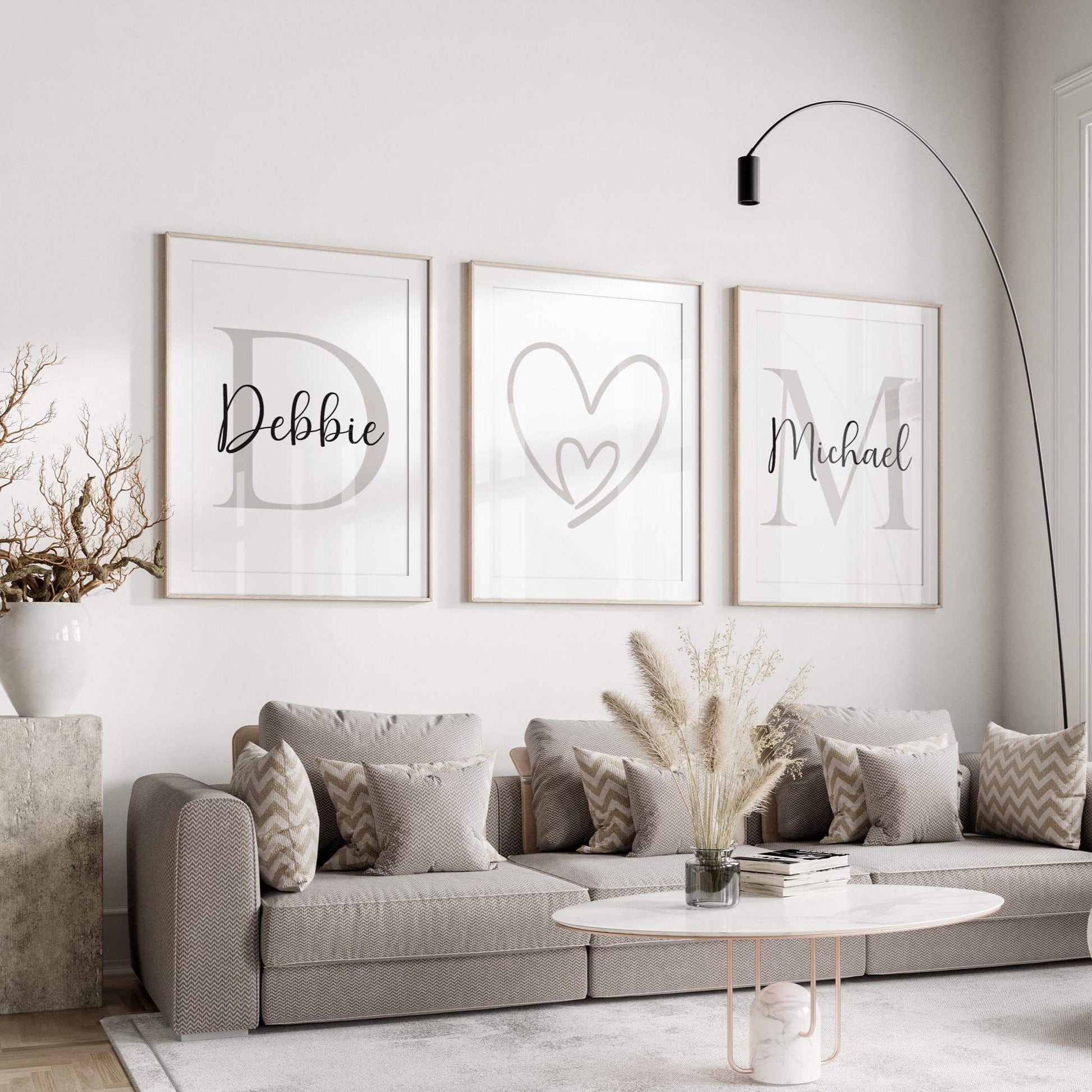 Personalised Couple Wall Art Set of 3 – Custom Names & Initials Prints, Bedroom Decor Above Bed, Romantic Gift for Couples, Bedroom Prints