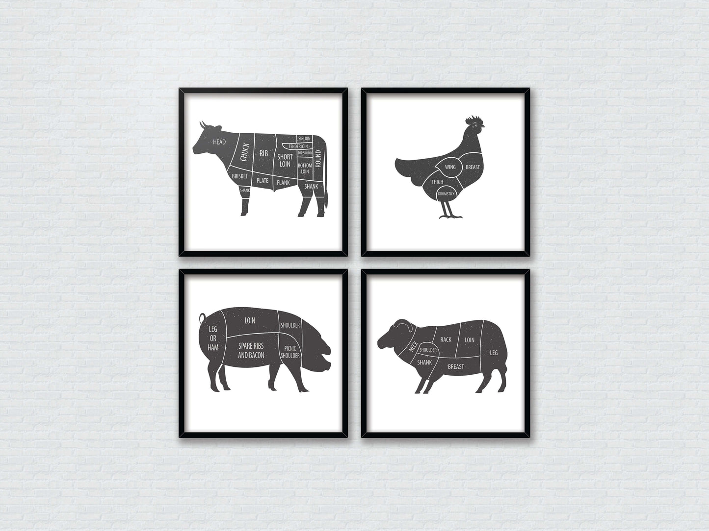 Butcher Prints, Set Of 4 Butchers Prints, Meat Cuts, Kitchen Art, Kitchen Prints, Butcher Poster Set