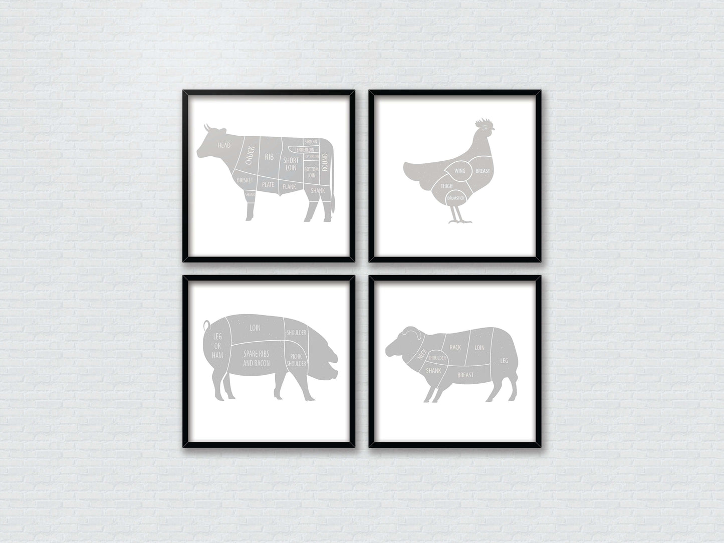 Butcher Prints, Set Of 4 Butchers Prints, Meat Cuts, Kitchen Art, Kitchen Prints, Butcher Poster Set