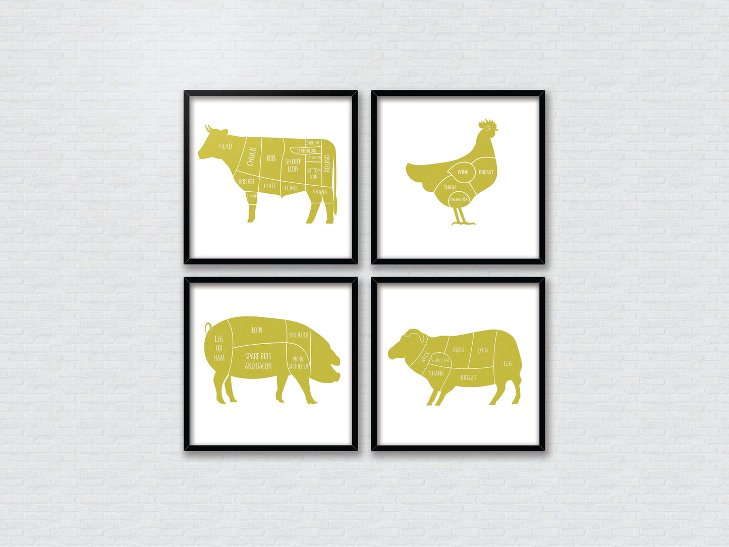 Butcher Prints, Set Of 4 Butchers Prints, Meat Cuts, Kitchen Art, Kitchen Prints, Butcher Poster Set