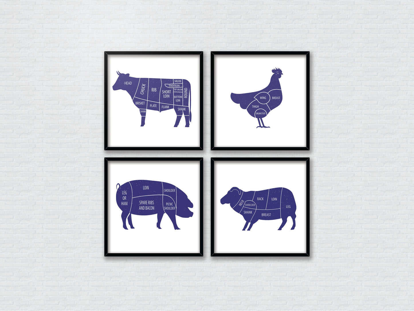 Butcher Prints, Set Of 4 Butchers Prints, Meat Cuts, Kitchen Art, Kitchen Prints, Butcher Poster Set