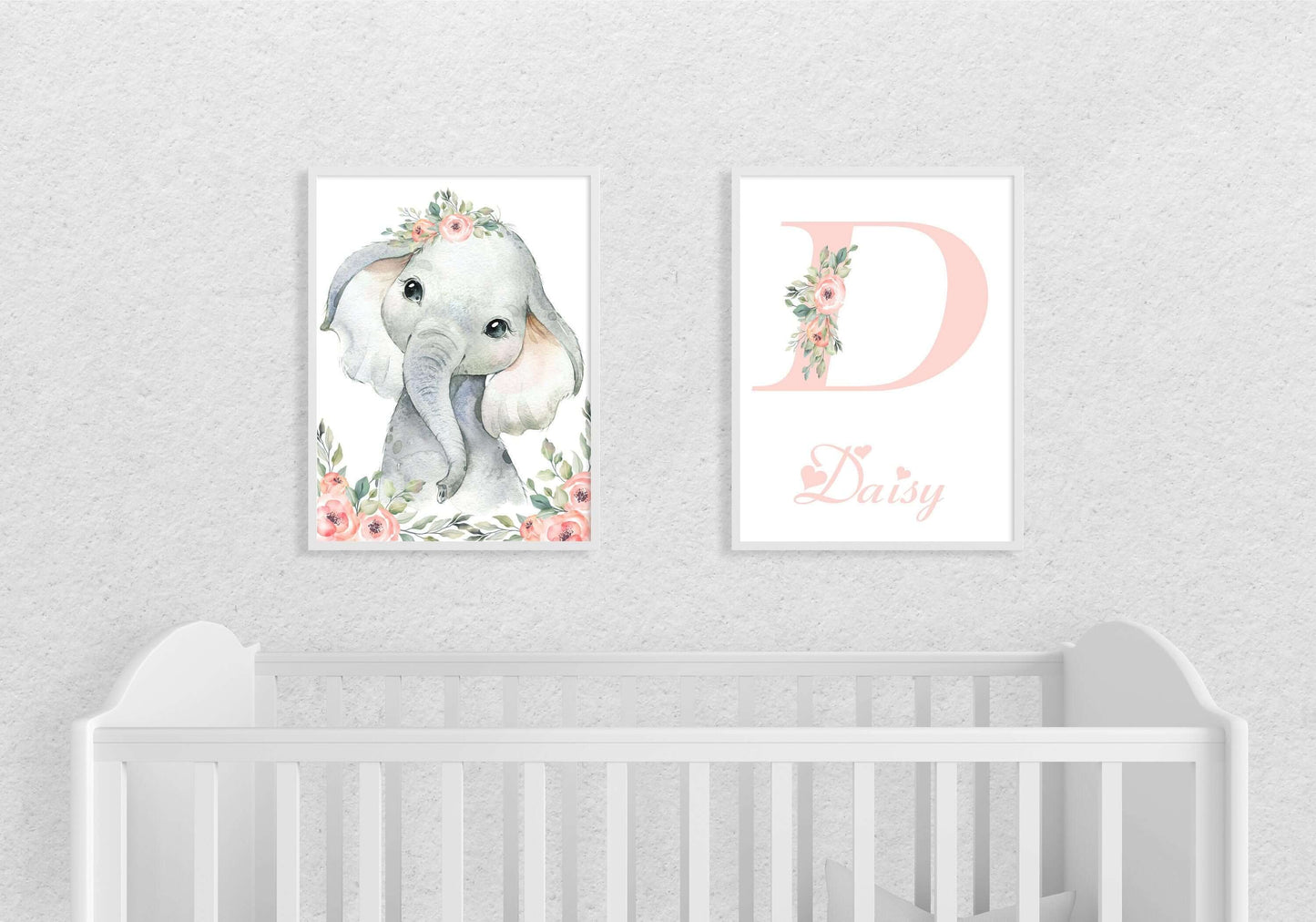 Girls Personalised Elephant Baby Set Of 2 A4 Prints, With Initial, Safari Animals, Flowers, Nursery Gift, Nursery Wall Art, Animal Prints