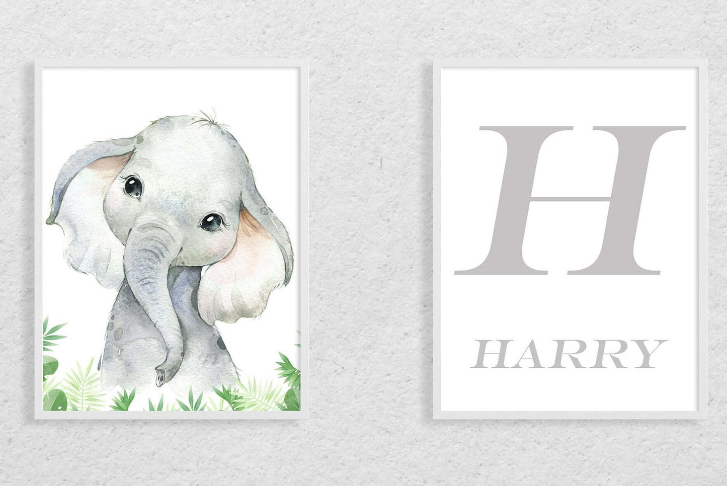 Boys Personalised Elephant Baby Set Of 2 A4 Prints, With Initial, Safari Animals, Foliage, Nursery Gift, Nursery Wall Art, Animal Prints