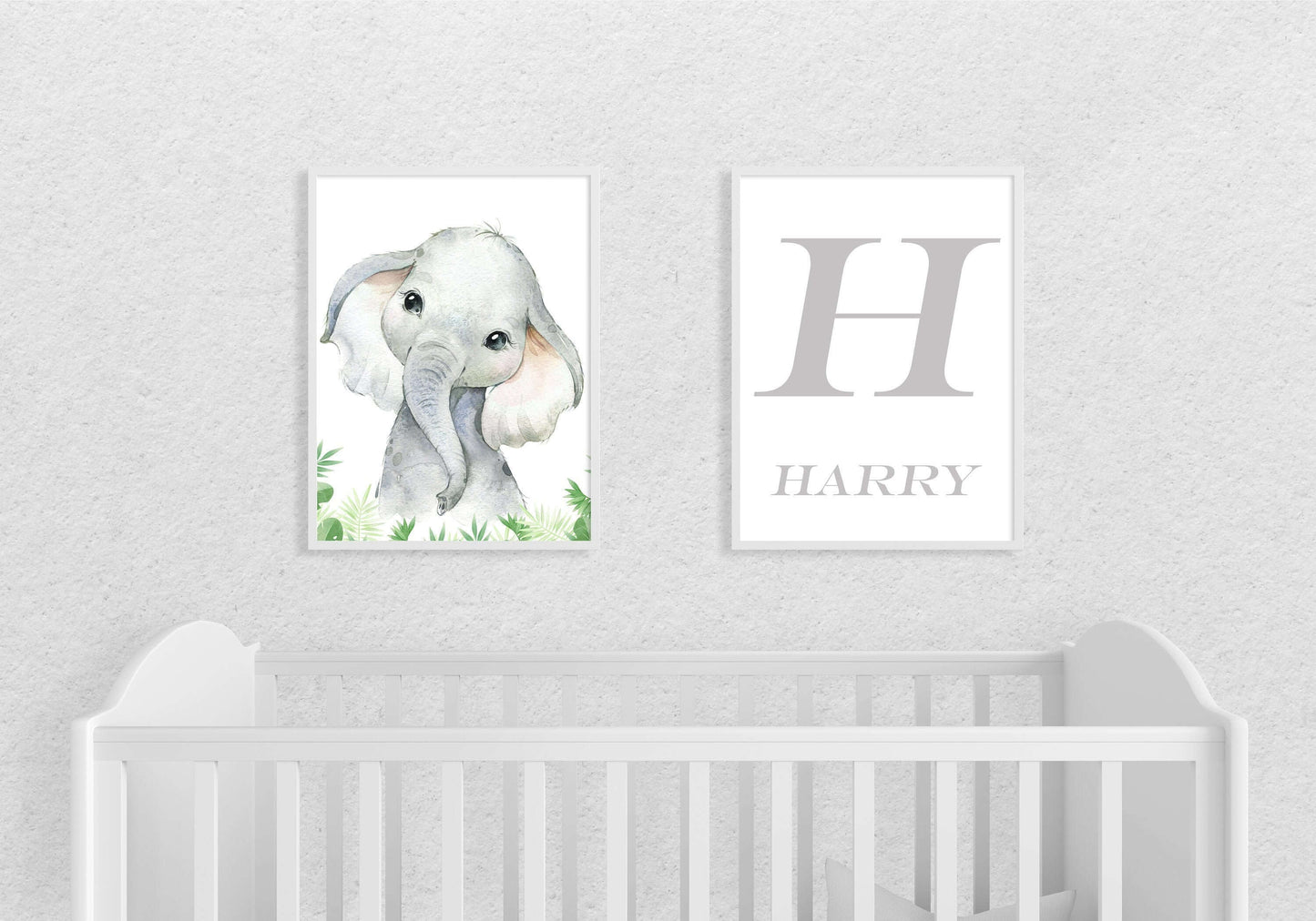 Boys Personalised Elephant Baby Set Of 2 A4 Prints, With Initial, Safari Animals, Foliage, Nursery Gift, Nursery Wall Art, Animal Prints