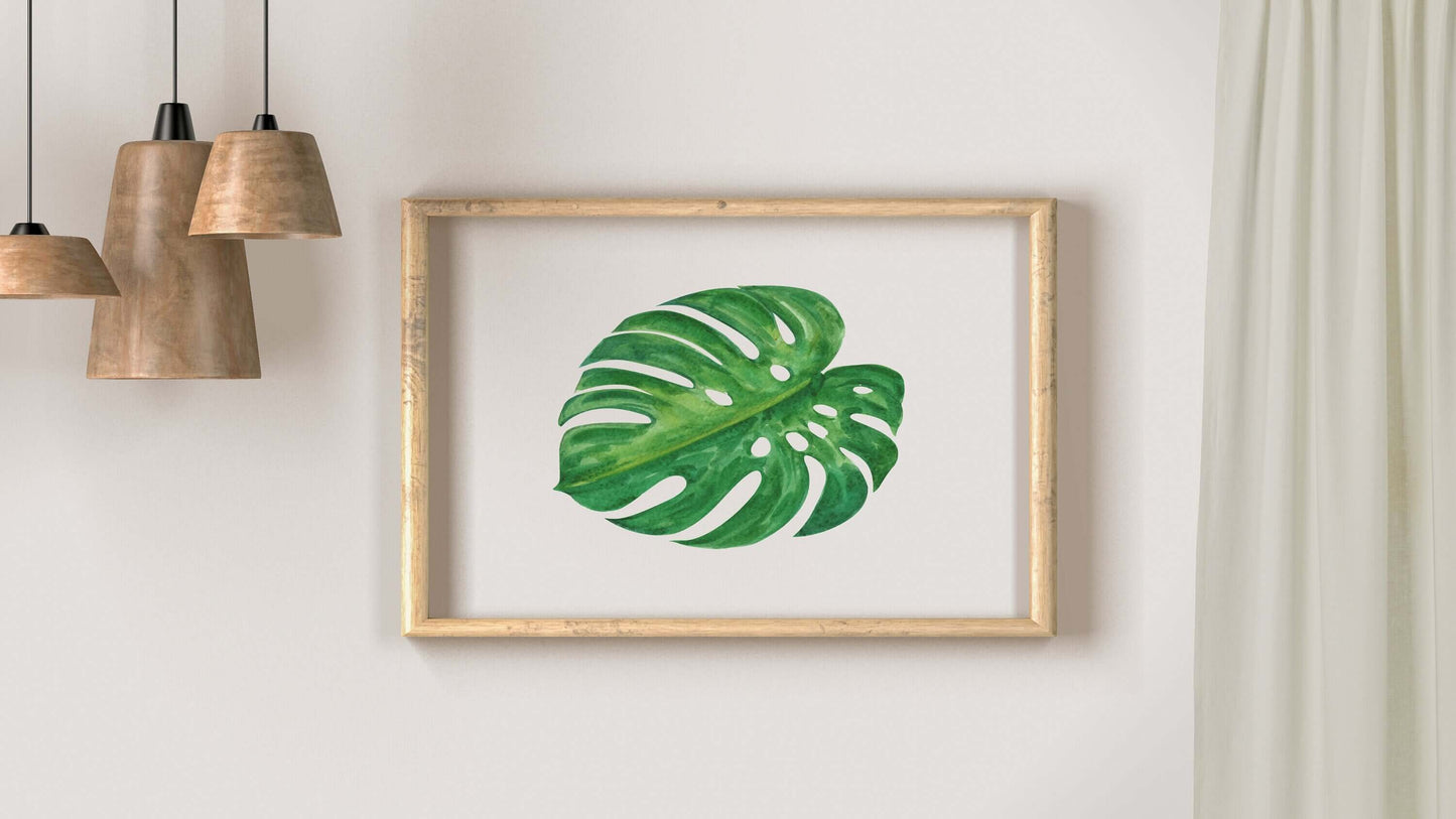 Green Monstera Leaf Print, Wall Art, Home Decor, Bathroom Decor, Botanical Illustration, Tropical, Leaf Print, Bathroom Prints, Home Prints