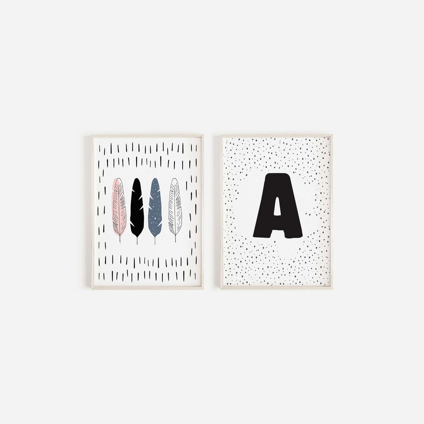 Personalised Initial Feather Print Set Of 2, Nursery Wall Art, Scandi, Nursery Decor, Baby Shower Gift, Scandi Prints, Nursery Prints