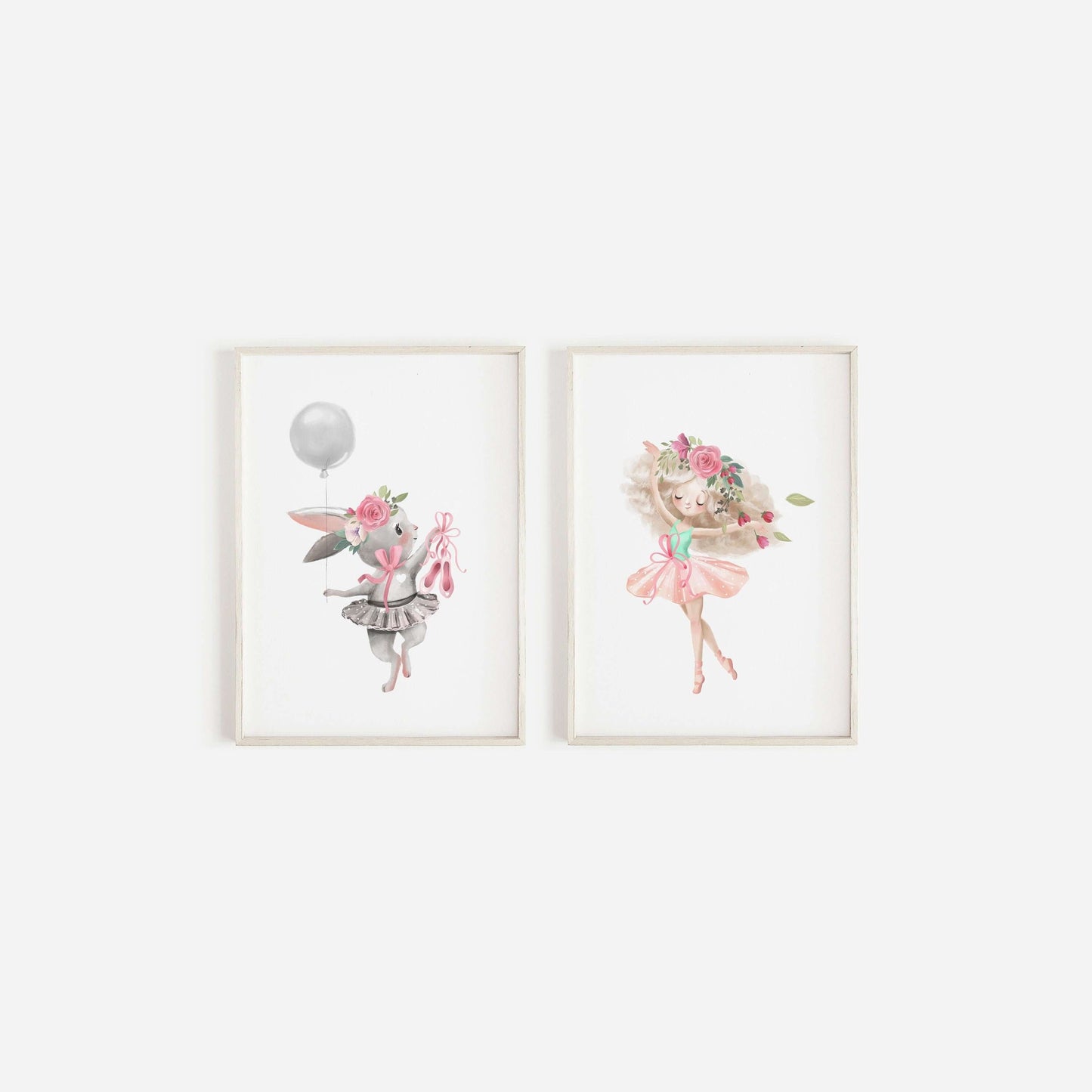 Set Of 2 Bunny Rabbit And Ballerina Prints, Girls Nursery Prints, Nursery Decor, New Baby Gift, Baby Girls Nursery Prints, Nursery Wall Art