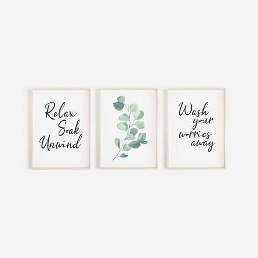 Set Of 3 Bathroom Prints, Wall Art, Home Decor, Bathroom Decor, Relax Soak Unwind, Botanical Prints, Bathroom Prints, Home Prints