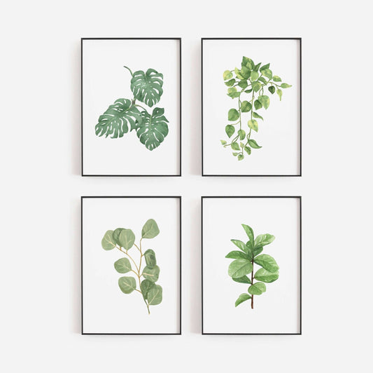 Set Of 4 Botanical Prints, Wall Art, Home Decor, Bathroom Decor, Botanical Illustration, Leaf Prints, Bathroom Prints, Kitchen Prints