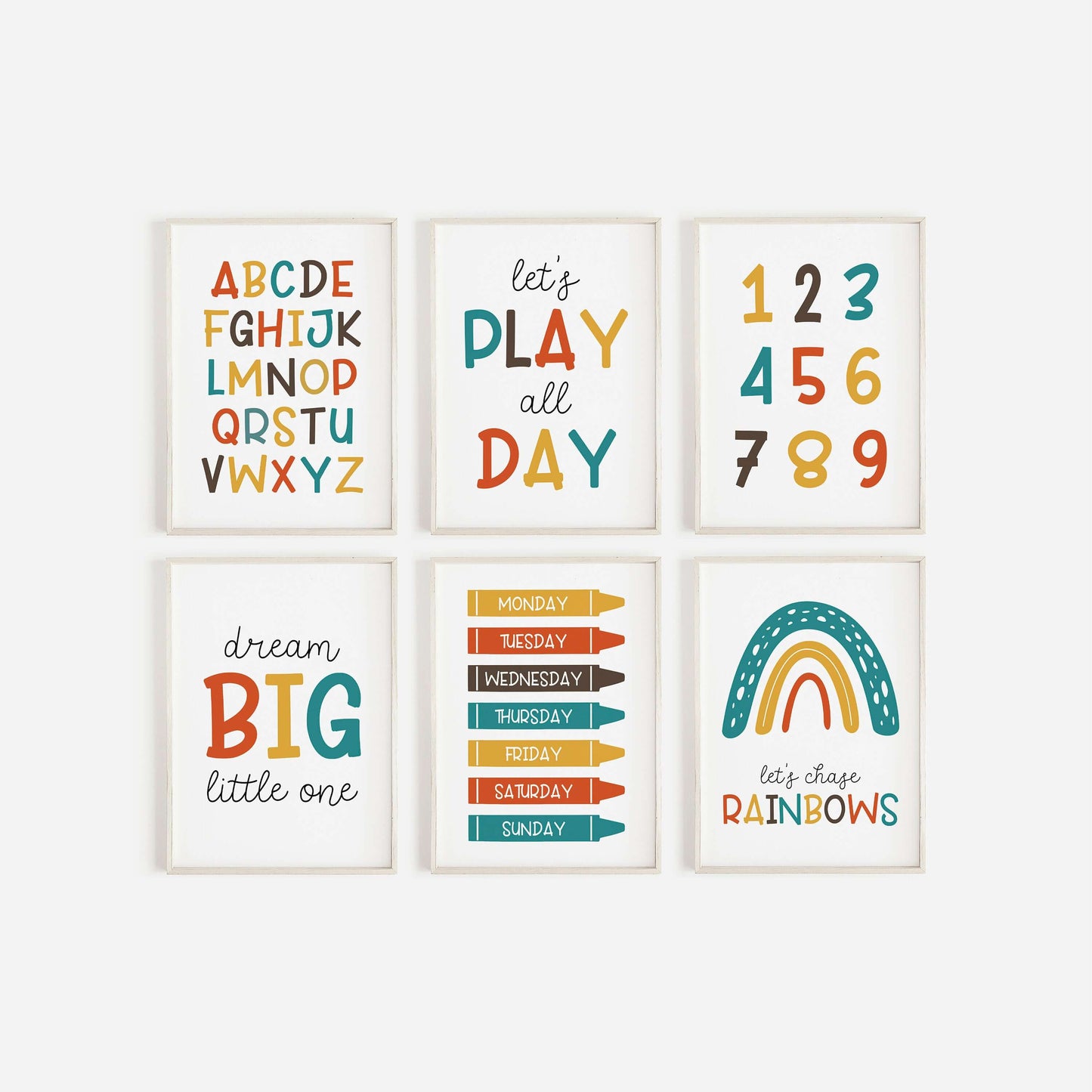 Nursery Wall Art, Colourful Playroom Prints, Nursery Print, Learning Prints, ABC Print, Number Print, Play All Day, Playroom Decor