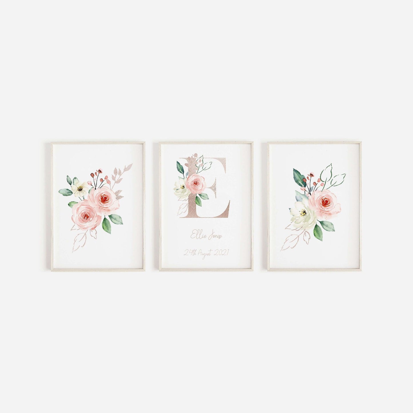 Personalised Floral Initial Set Of 3 Prints, Nursery Decor, New Baby Gift, Baby Girl, Nursery Prints, Birth Stats, Nursery Wall Art