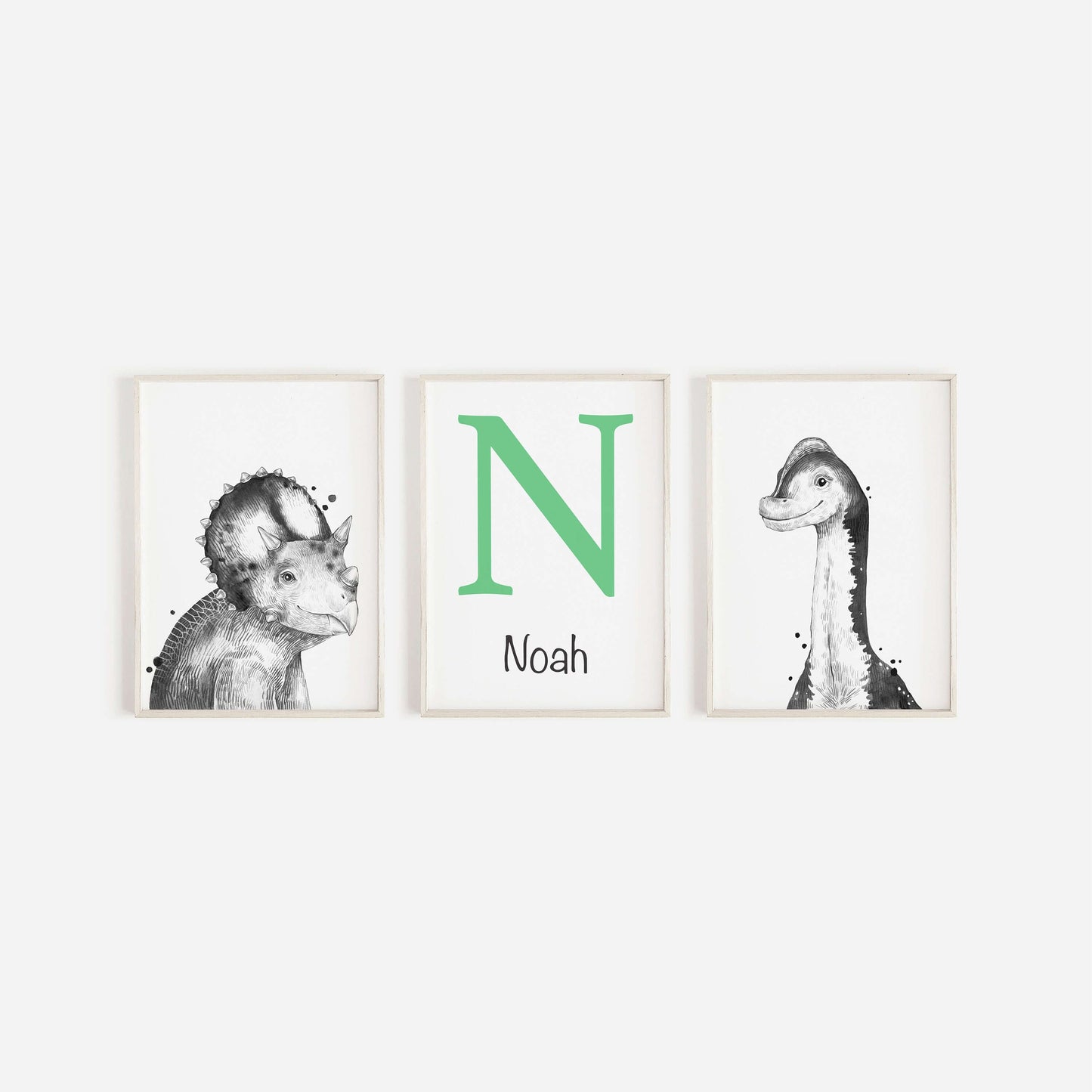 Set Of 3 Personalised Dinosaur Initial Prints, Dinosaur Nursery Prints, Boys Nursery Prints, Boys Bedroom Decor, Dinosaur Wall Art