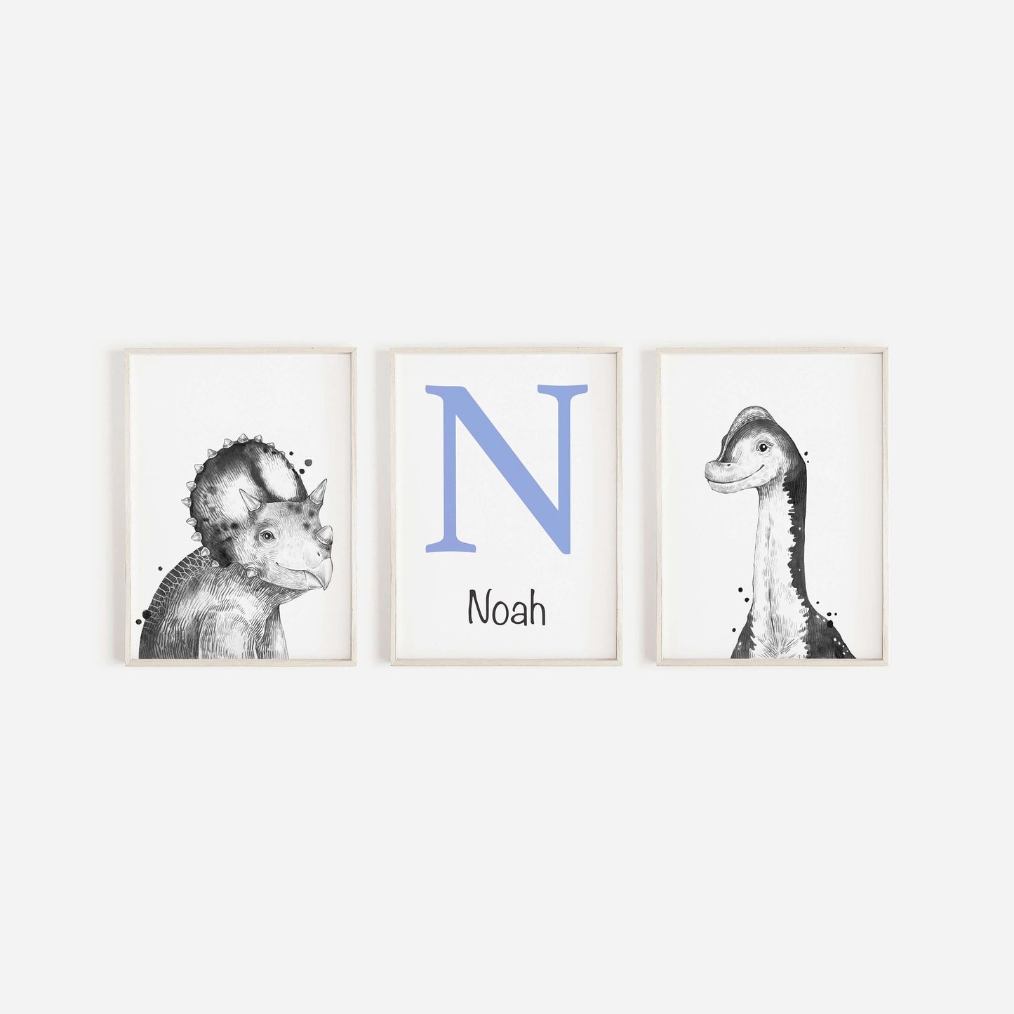 Set Of 3 Personalised Dinosaur Initial Prints, Dinosaur Nursery Prints, Boys Nursery Prints, Boys Bedroom Decor, Dinosaur Wall Art