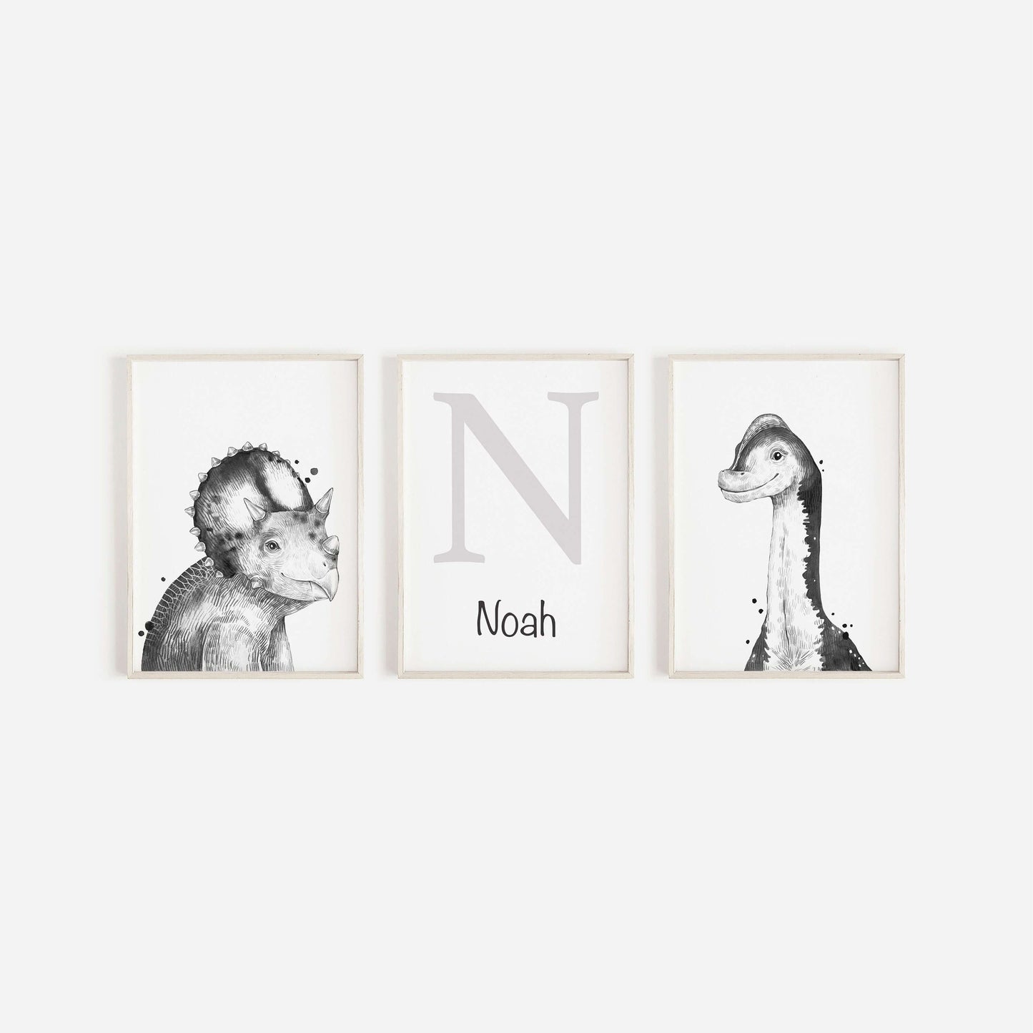 Set Of 3 Personalised Dinosaur Initial Prints, Dinosaur Nursery Prints, Boys Nursery Prints, Boys Bedroom Decor, Dinosaur Wall Art