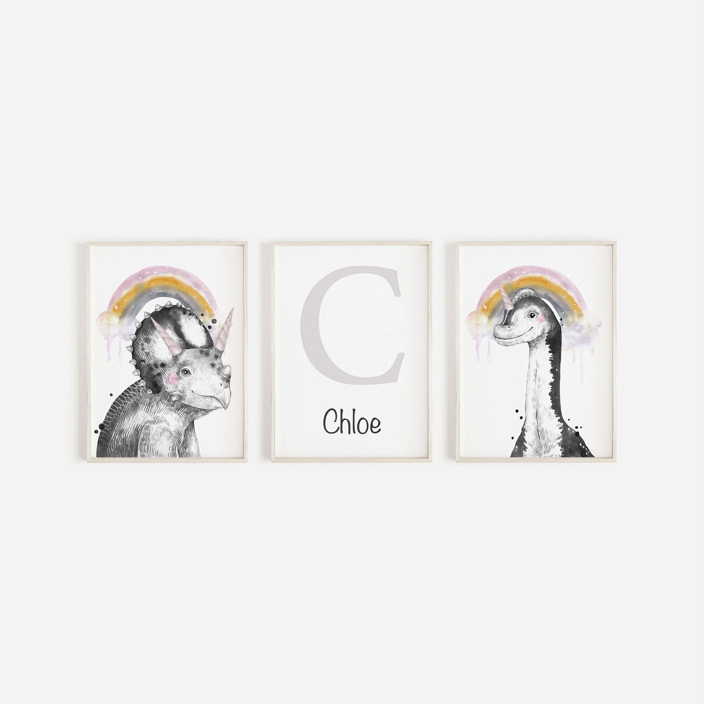 Set Of 3 Personalised Dinosaur Initial Prints, Dinosaur Nursery Prints, Girls Nursery Prints, Girls Bedroom Decor, Dinosaur Wall Art,Unicorn