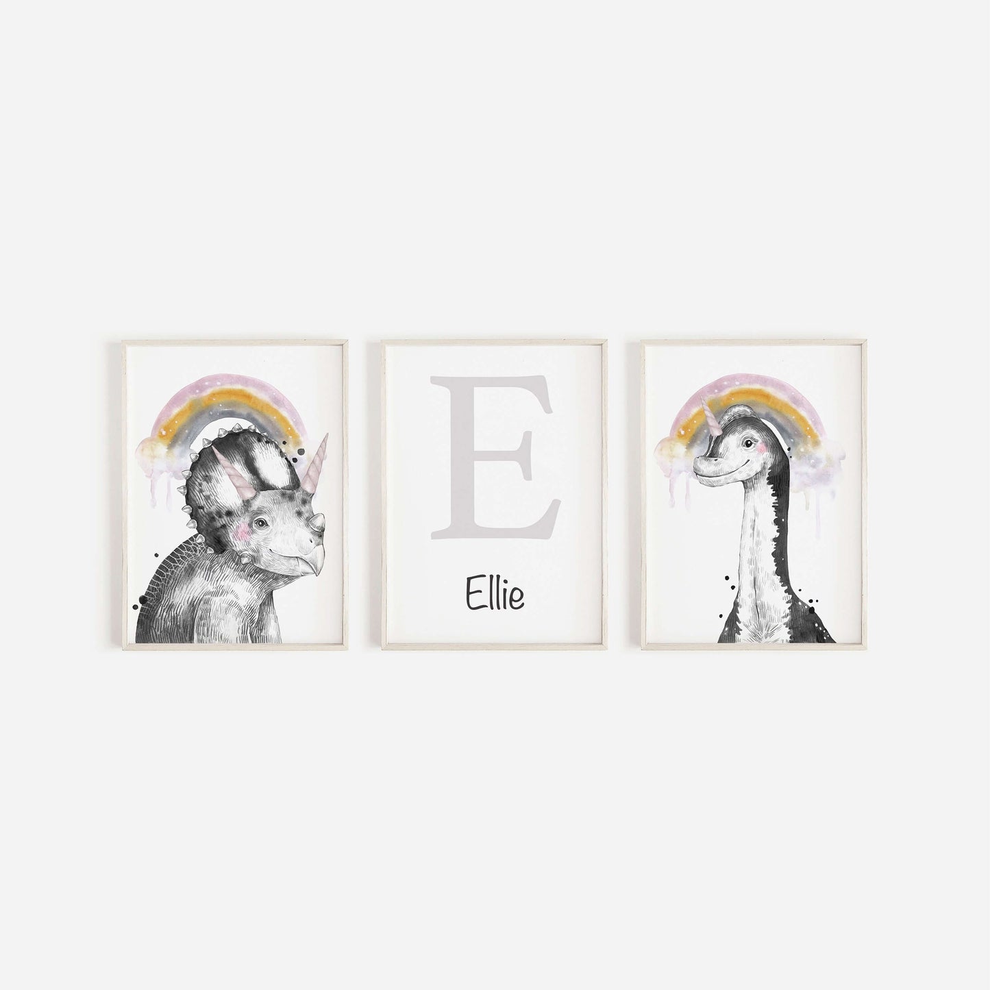 Set Of 3 Personalised Dinosaur Initial Prints, Dinosaur Nursery Prints, Girls Nursery Prints, Girls Bedroom Decor, Dinosaur Wall Art,Unicorn