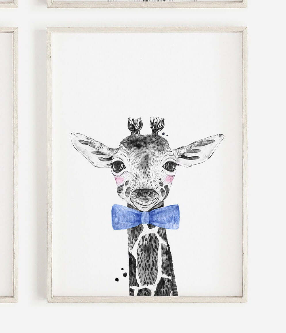 Safari Animal Prints Boys Nursery, Black & White with blue bowtie, Safari Nursery Decor, Animal Nursery Prints, Nursery Wall Art