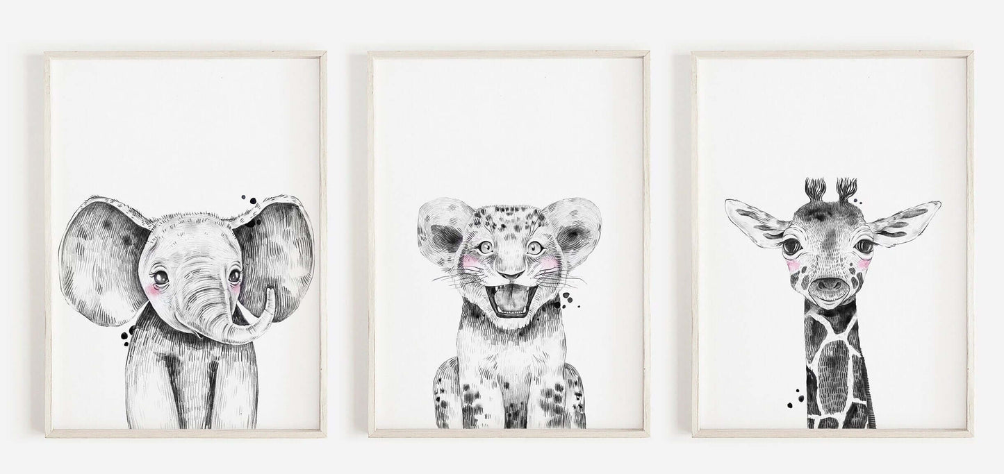 Safari Animal Prints Boys and Girls Nursery Set, Black & White, Safari Nursery Decor, Animal Nursery Prints, Nursery Wall Art