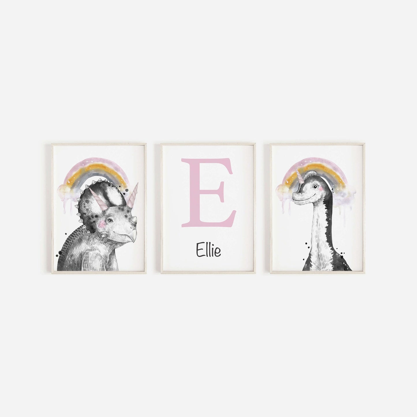 Set Of 3 Personalised Dinosaur Initial Prints, Dinosaur Nursery Prints, Girls Nursery Prints, Girls Bedroom Decor, Dinosaur Wall Art,Unicorn