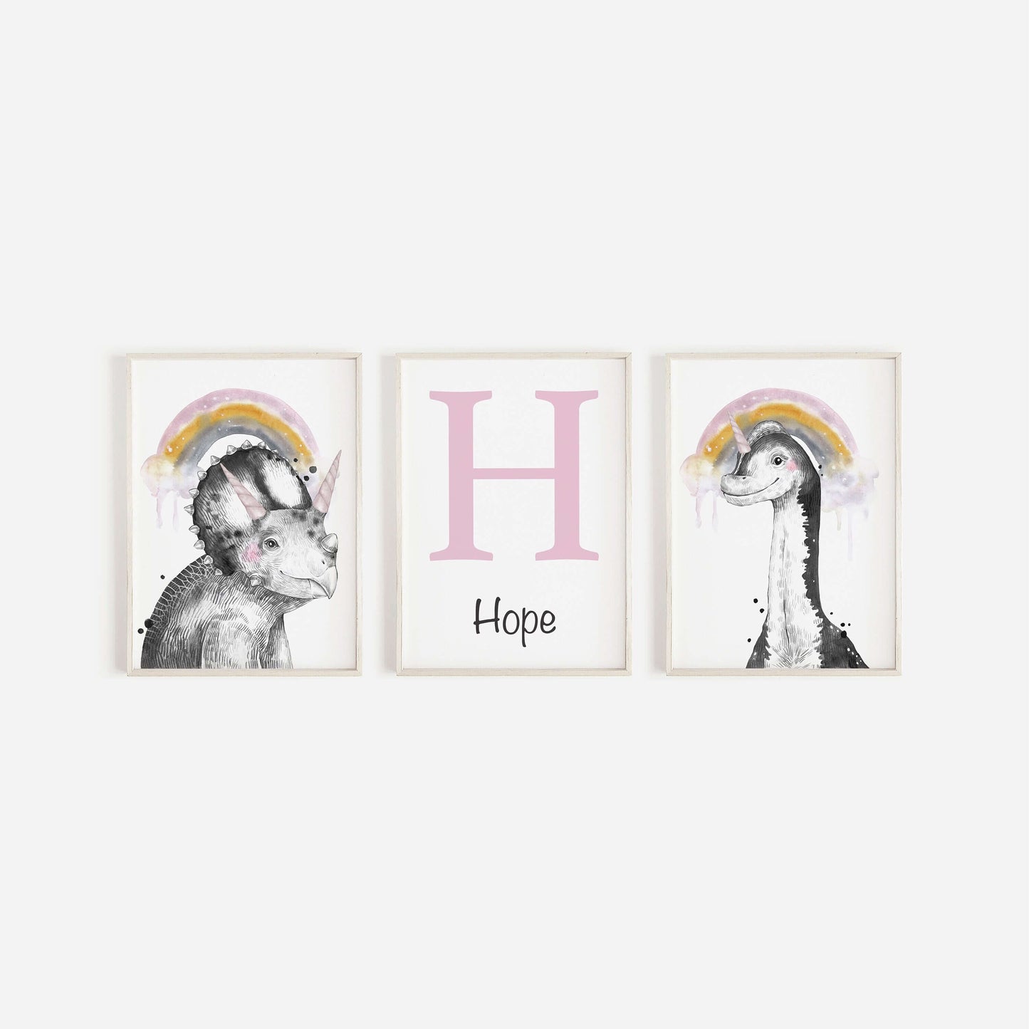 Set Of 3 Personalised Dinosaur Initial Prints, Dinosaur Nursery Prints, Girls Nursery Prints, Girls Bedroom Decor, Dinosaur Wall Art,Unicorn
