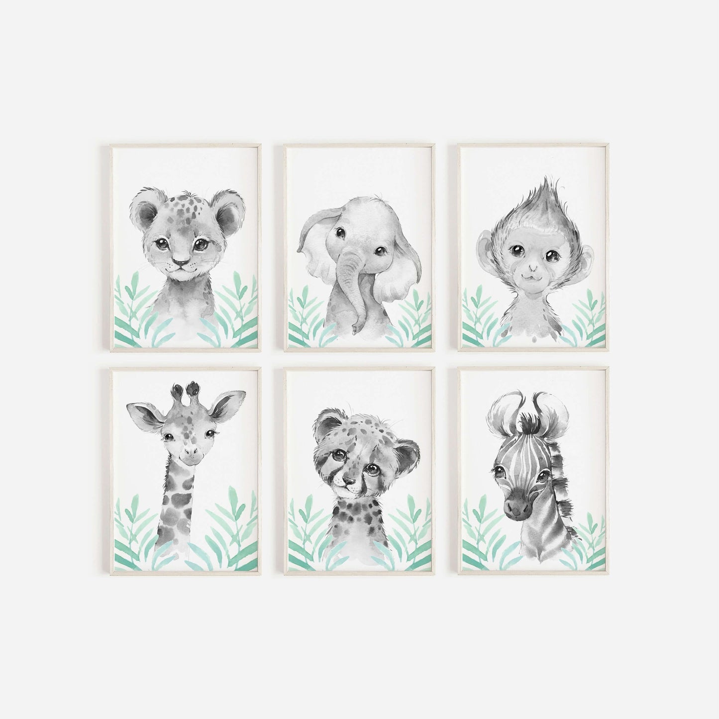 Safari Animal Prints Boys and Girls Nursery Set, Black & White With Foliage, Safari Nursery Decor, Animal Nursery Prints, Nursery Wall Art