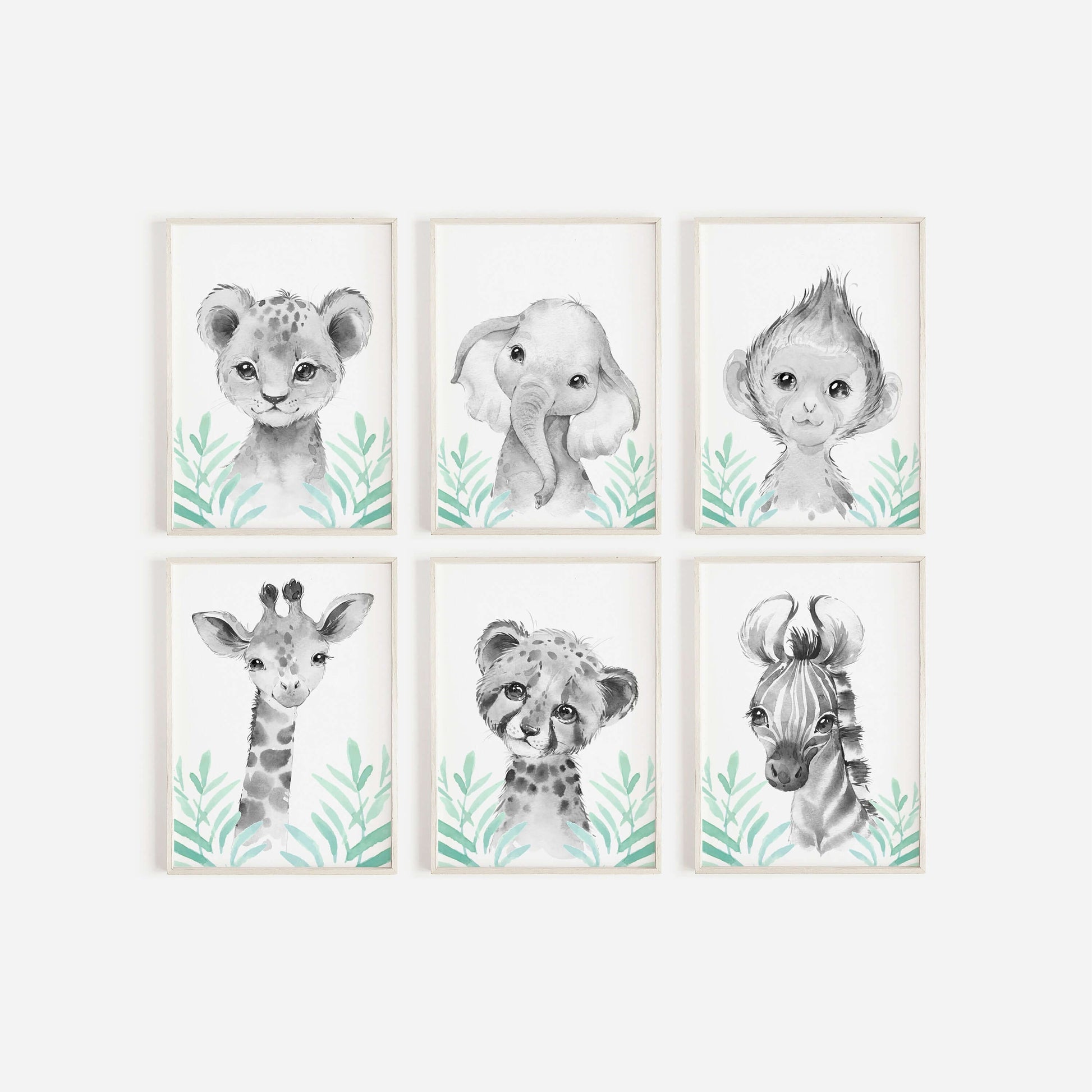 Safari Animal Prints Boys and Girls Nursery Set, Black & White With Foliage, Safari Nursery Decor, Animal Nursery Prints, Nursery Wall Art