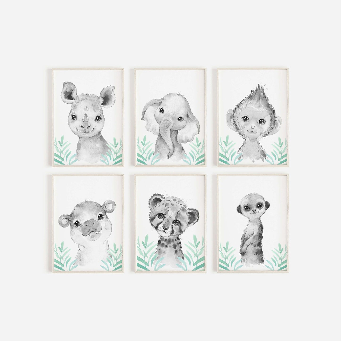 Safari Animal Prints Boys and Girls Nursery Set, Black & White With Foliage, Safari Nursery Decor, Animal Nursery Prints, Nursery Wall Art