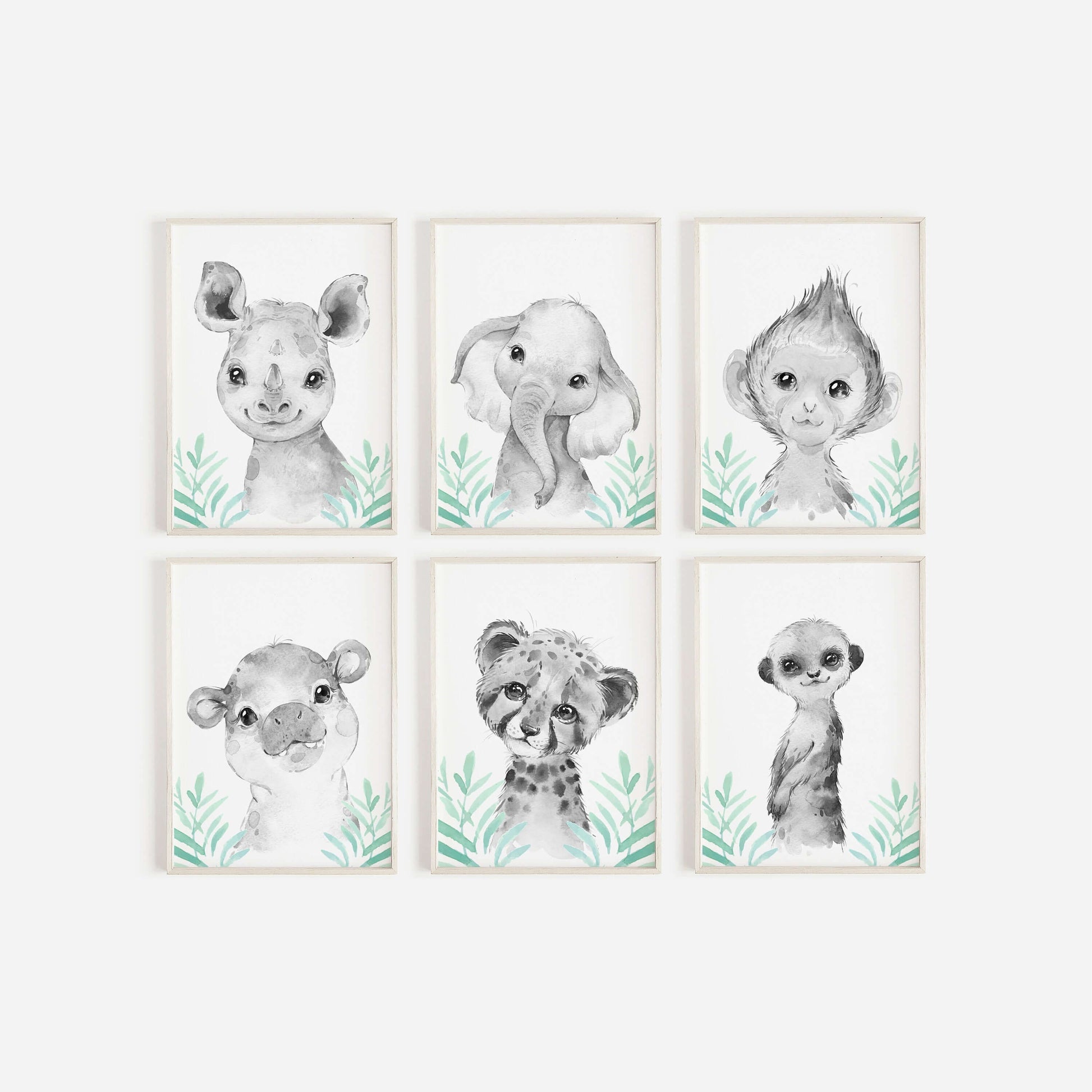 Safari Animal Prints Boys and Girls Nursery Set, Black & White With Foliage, Safari Nursery Decor, Animal Nursery Prints, Nursery Wall Art
