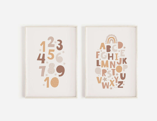 Set of 2 Educational Prints, Nursery Decor, Neutral Kids Prints, Educational Wall Art, Playroom Decor, Kids Alphabet And Number Prints