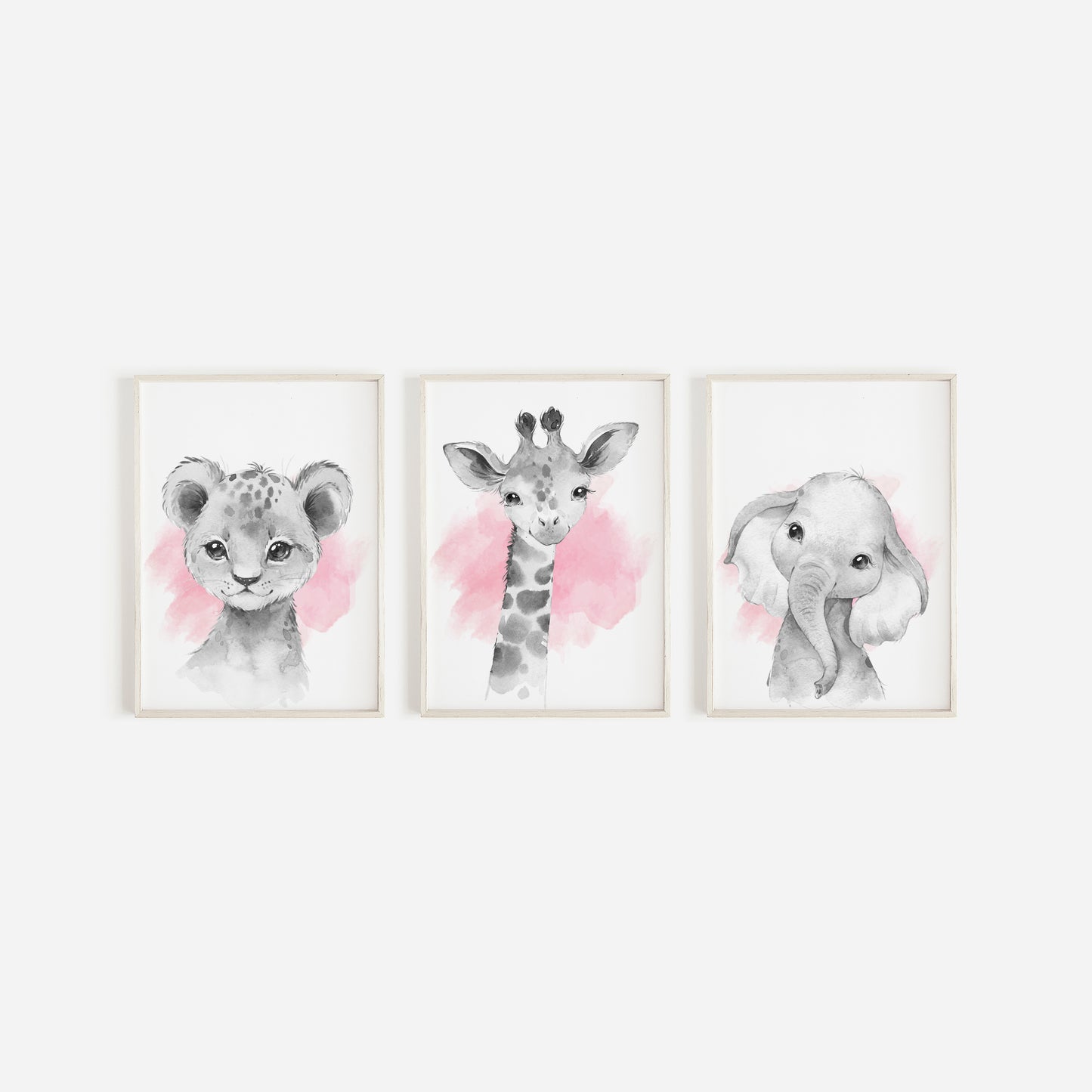 Safari Animal Prints Girls Nursery Set,Black & White With Pink Watercolour Splash,Safari Nursery Decor,Animal Nursery Prints,Nursery Art