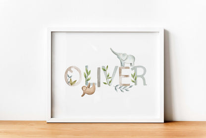 Personalised Nursery Print, Baby Name Animal Wall Art, Nursery Decor, Baby Shower Gift, Nursery Wall Art, Framed Gift, Animals Wall Art