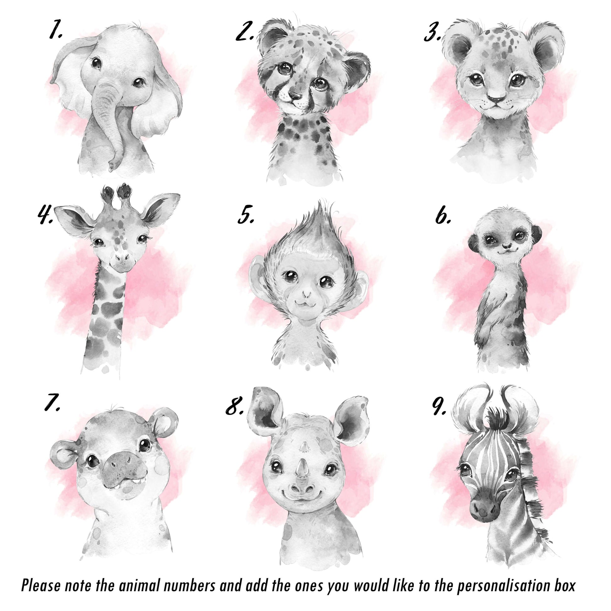 Safari Animal Prints Girls Nursery Set,Black & White With Pink Watercolour Splash,Safari Nursery Decor,Animal Nursery Prints,Nursery Art