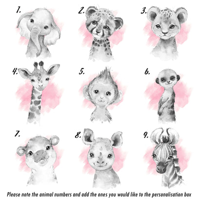 Safari Animal Prints Girls Nursery Set,Black & White With Pink Watercolour Splash,Safari Nursery Decor,Animal Nursery Prints,Nursery Art