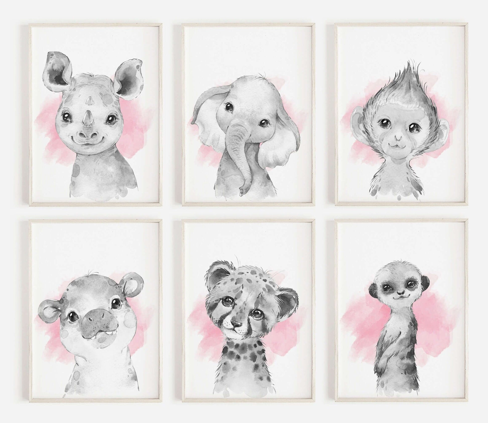 Safari Animal Prints Girls Nursery Set,Black & White With Pink Watercolour Splash,Safari Nursery Decor,Animal Nursery Prints,Nursery Art