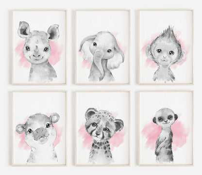 Safari Animal Prints Girls Nursery Set,Black & White With Pink Watercolour Splash,Safari Nursery Decor,Animal Nursery Prints,Nursery Art