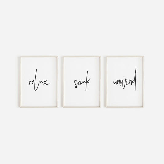 Bathroom Prints, Relax Soak Unwind, Set Of 3, Bathroom Wall Art, Bathroom Decor, Bathroom Art, Home Decor, Relax and Unwind Prints, Bathroom